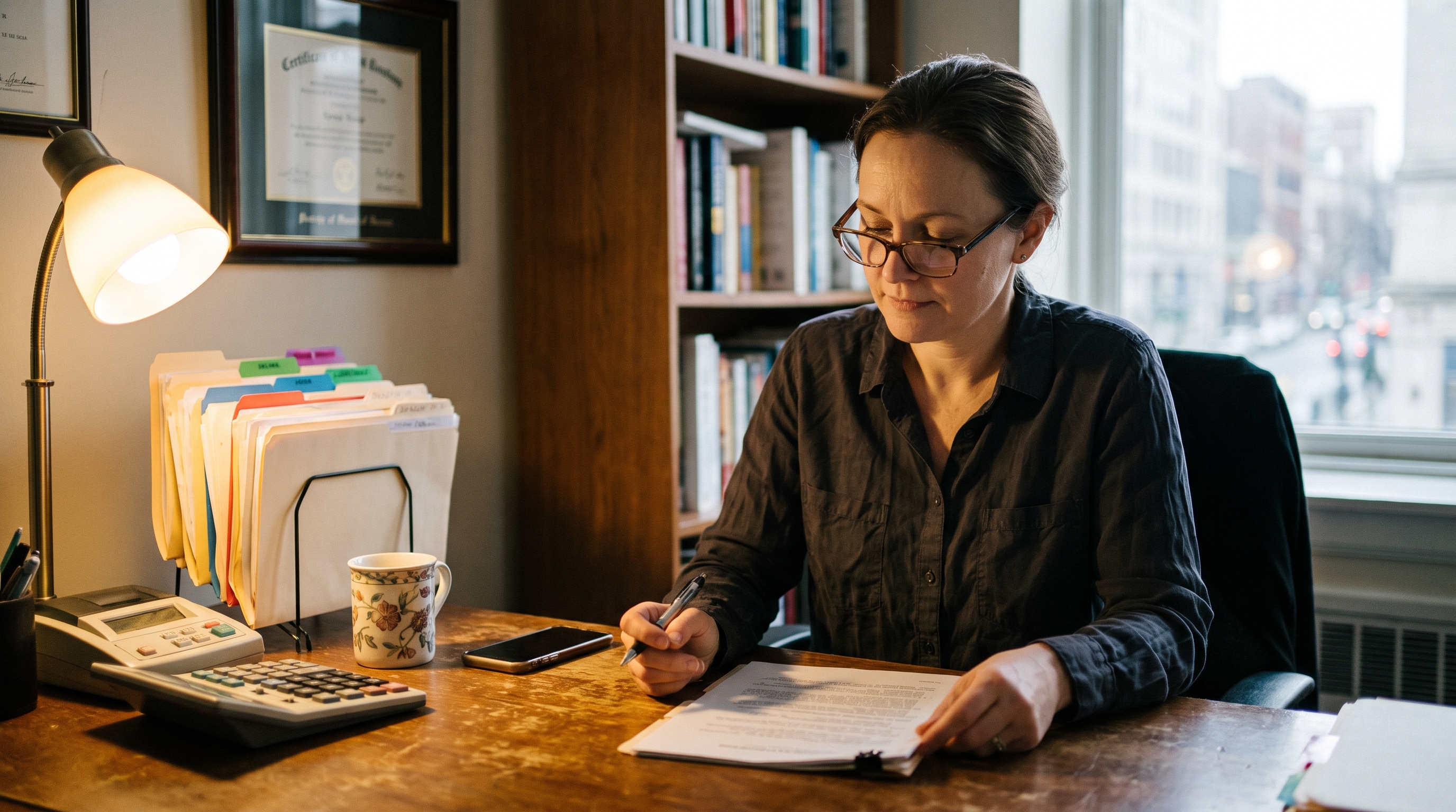 A solo attorney at her desk reviewing a printed proposal with a pen, a calculator beside her