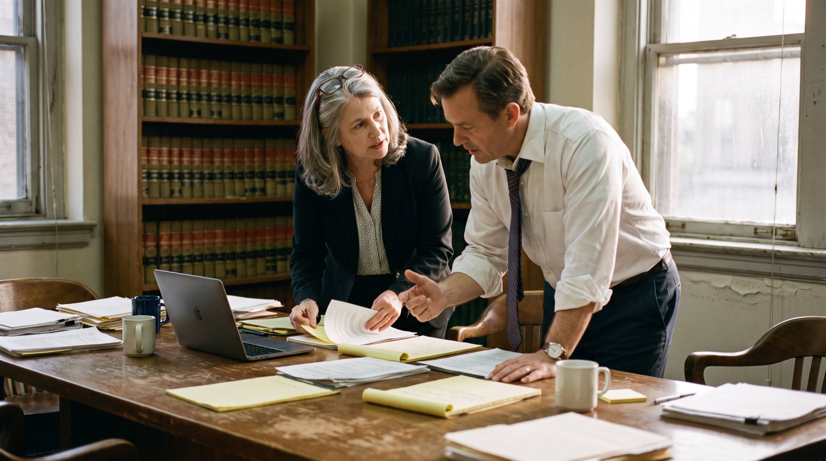 Two attorneys leaning over a conference table of legal pads and printouts in a law library