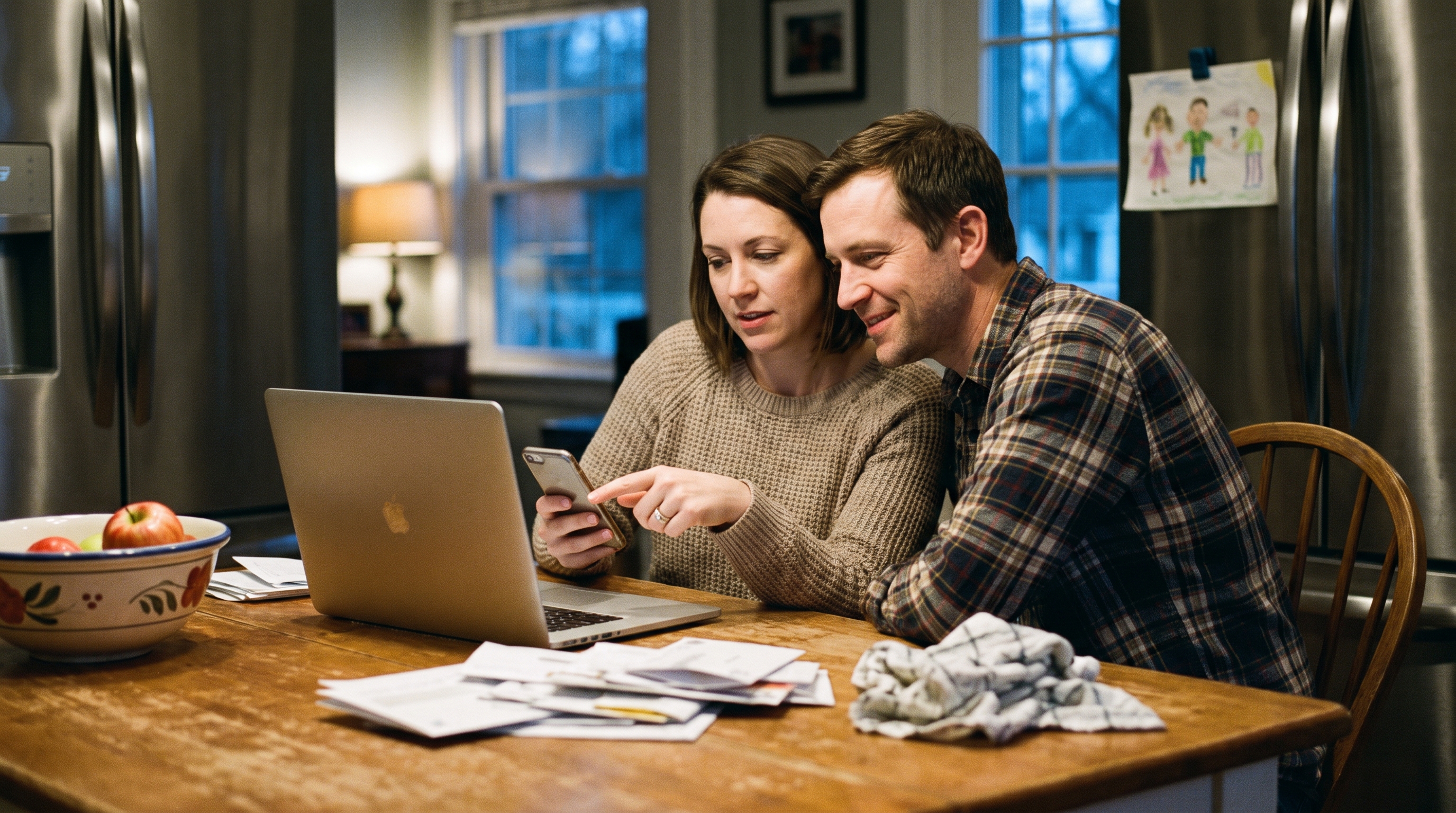 A couple at their kitchen table looking at a laptop together, the woman pointing at her phone