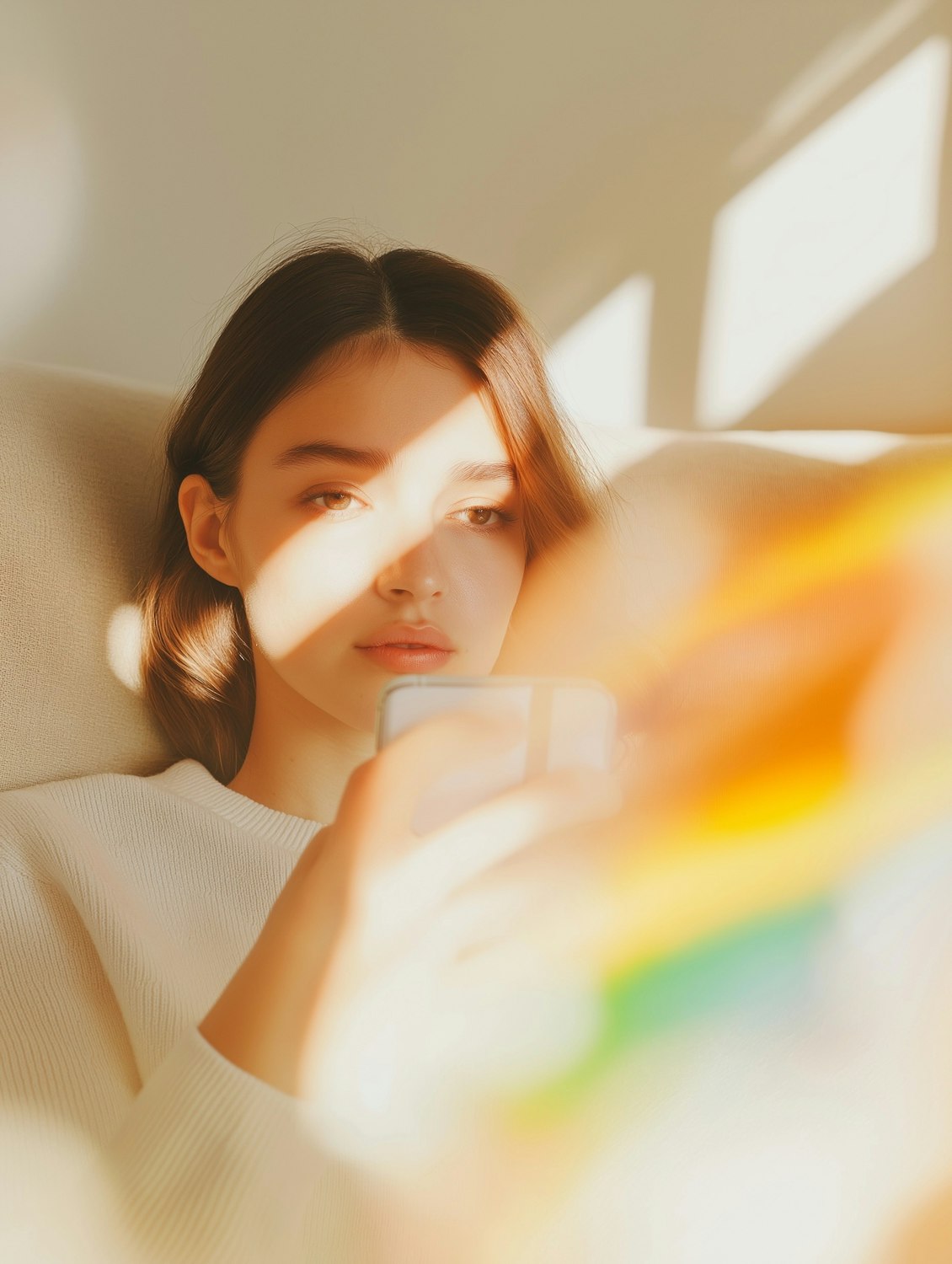 Woman in a cream sweater reading on her phone on a sofa in warm afternoon light