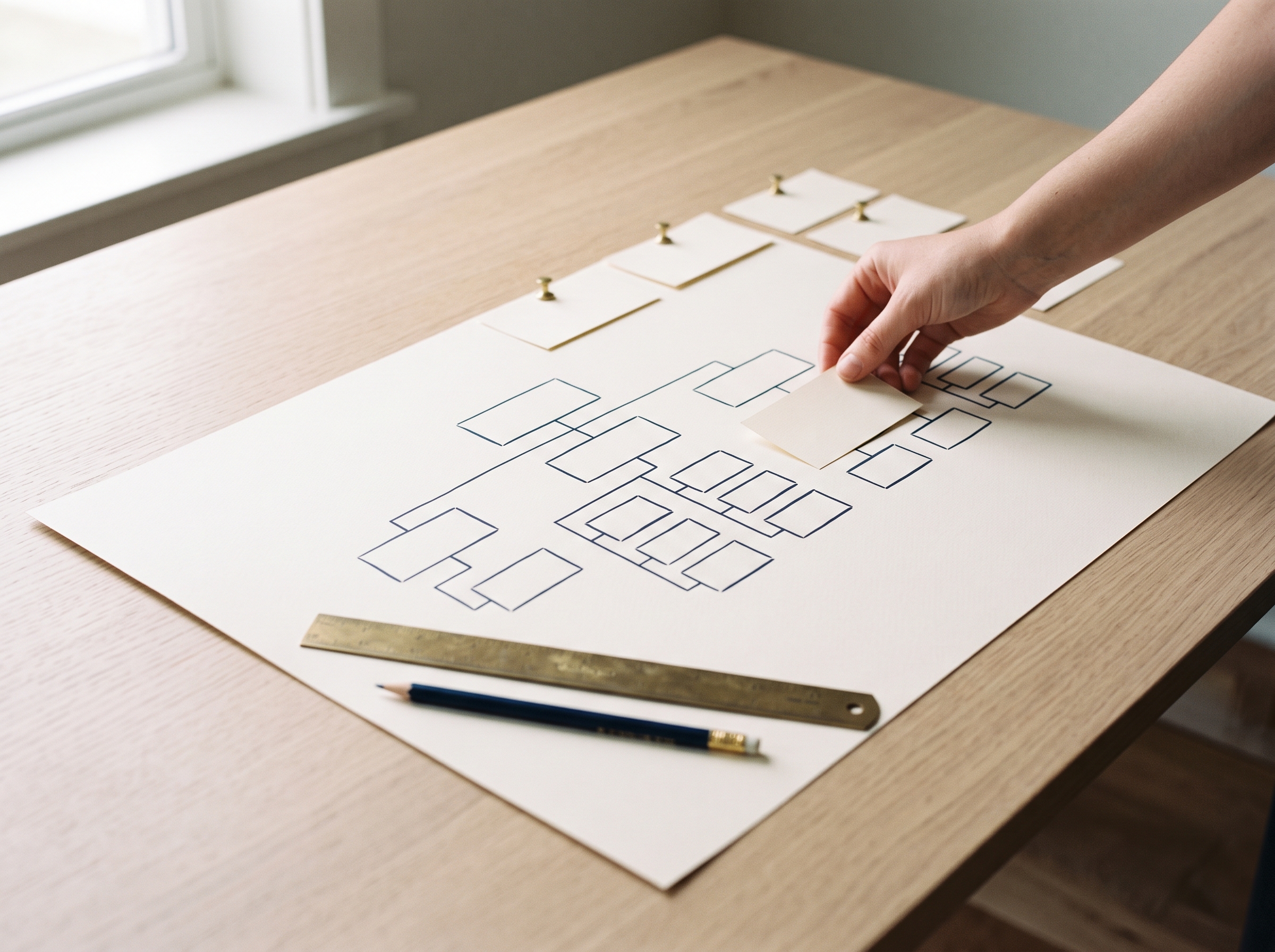 Hand arranging cards on a hand-drawn website sitemap beside a brass ruler and a pencil