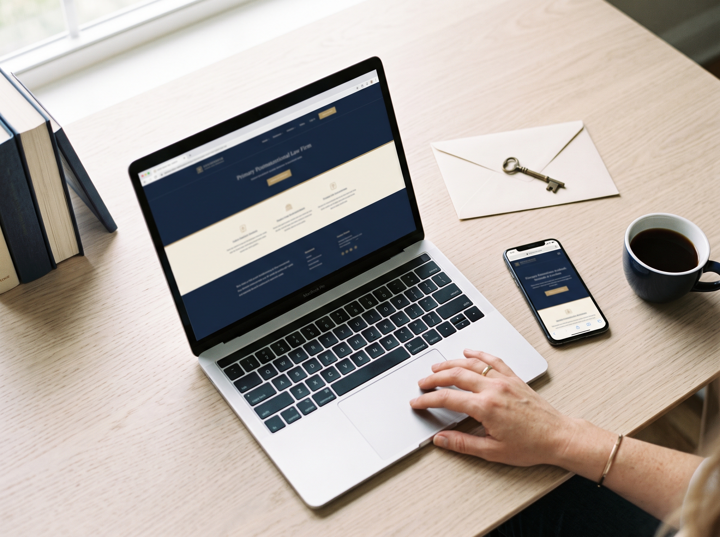 Laptop and phone showing the same navy law firm website on a desk beside a cup of coffee and an envelope