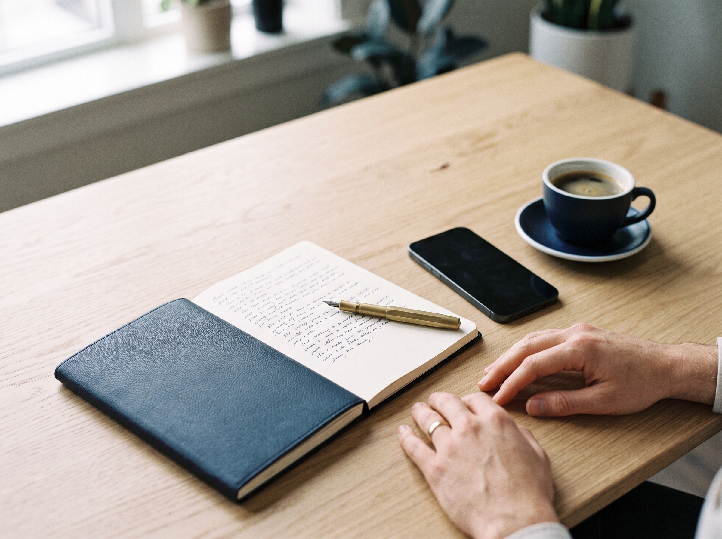 Open notebook with handwritten notes, a brass pen, a phone and a cup of coffee on a wooden desk