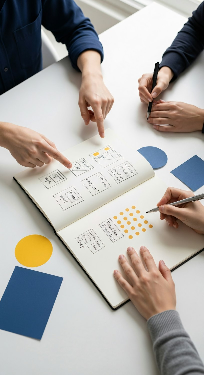 Three people pointing at hand-drawn website wireframes in an open sketchbook on a white table