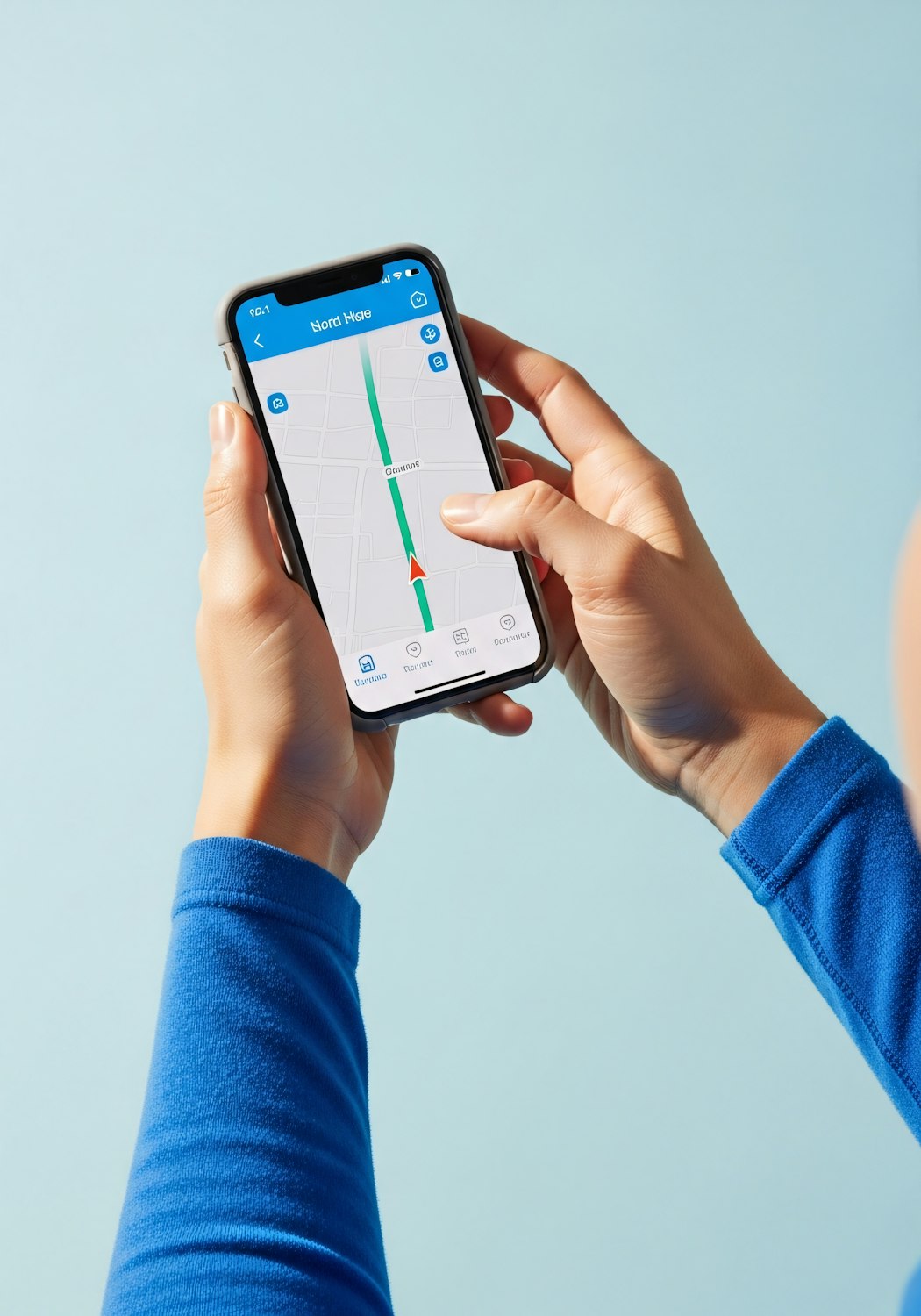 A person holding a smartphone showing a map with a route to a destination