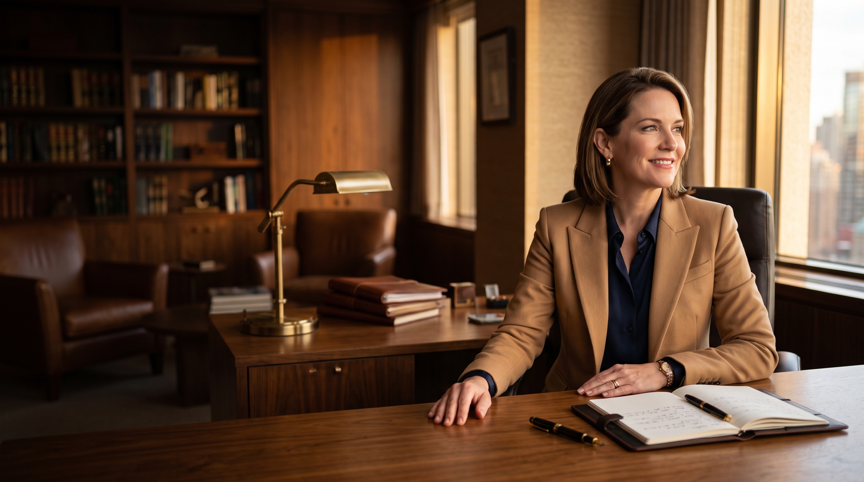 A confident law firm partner at her desk in a wood-paneled office overlooking the city