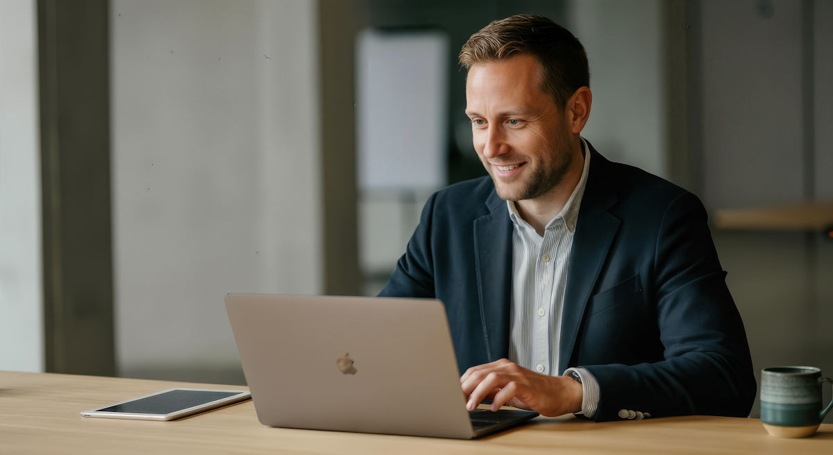 Smiling attorney in a navy blazer working on a laptop at a wooden desk